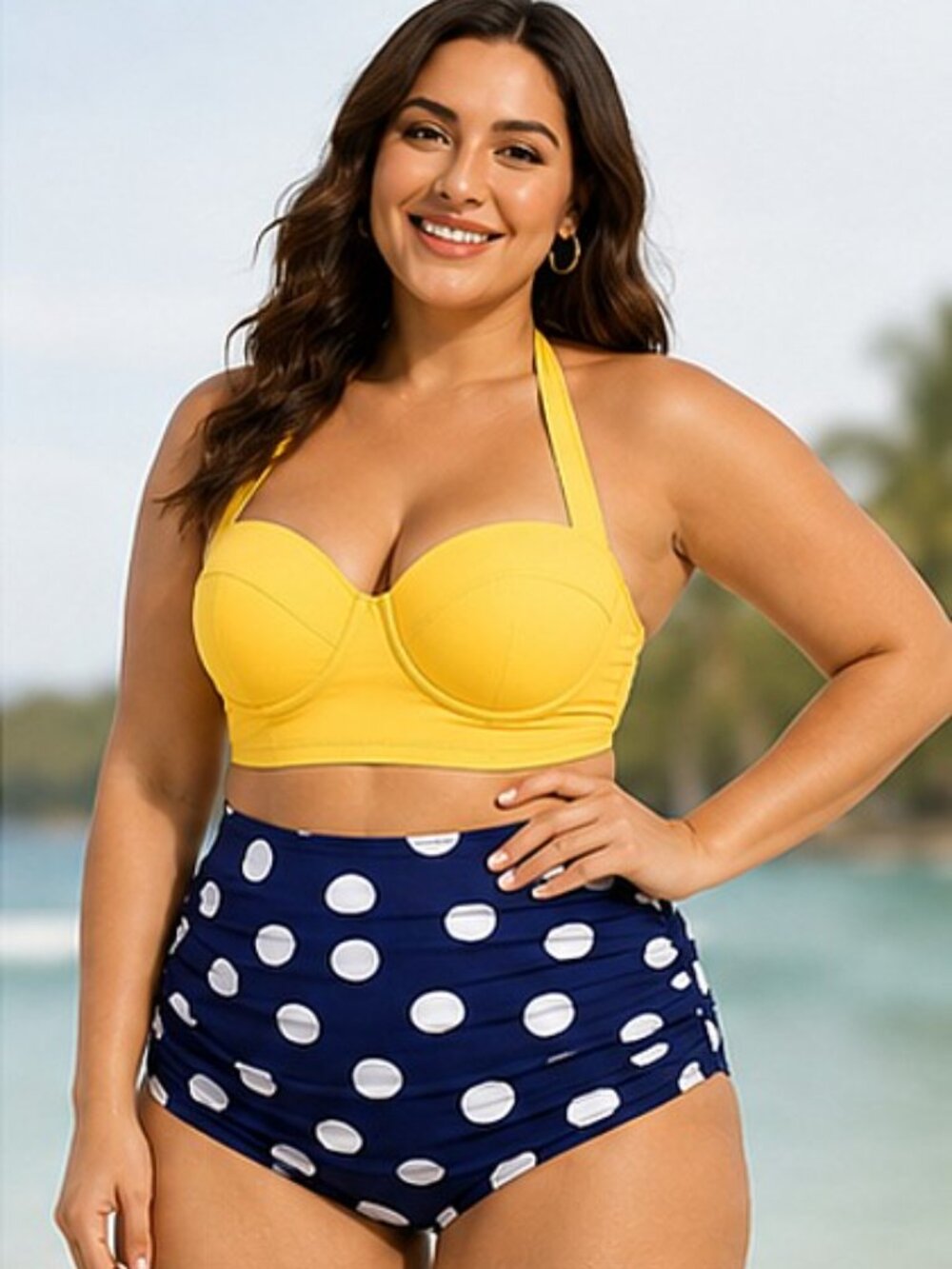 Plus Size 4XL Retro Yellow Bustier Halter Top Polka Dot Bikini Set Swimsuit